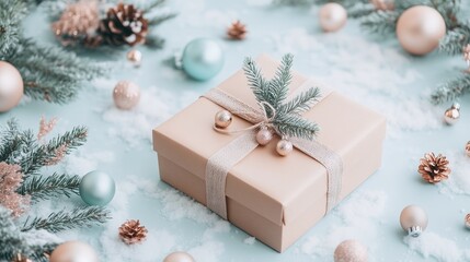 Festively wrapped gift on light surface