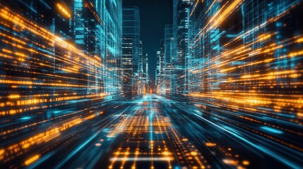 Fototapeta premium A futuristic cityscape dominated by towering glass buildings, advanced technology infrastructure, and a central hub of glowing data streams representing digital governance and control