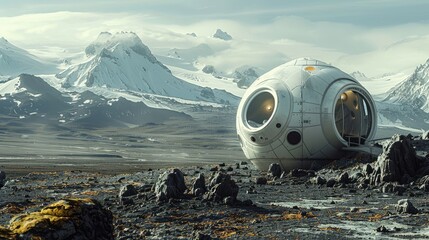Fototapeta premium A futuristic cabin in a post-apocalyptic landscape surrounded by snow-covered mountains.