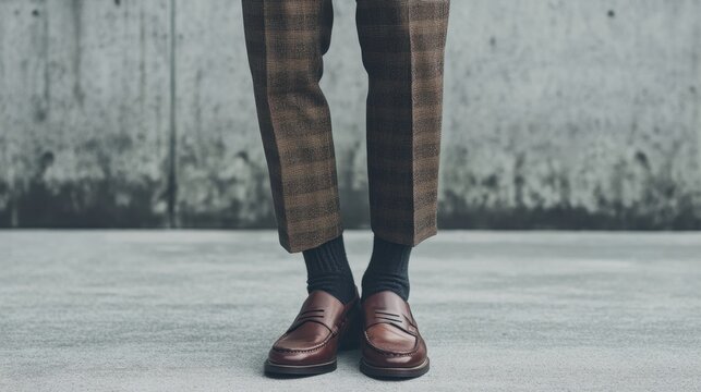 Retro preppy fashion style showcasing tweed blazer, pleated trousers, loafers, minimal grey background