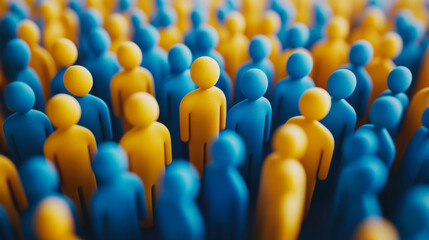 A large group of vibrant blue and orange figures against a bright sunset background, representing unity and diversity