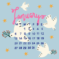 Hello winter Christmas illustration. Vector cozy January 2025 calendar. Traditional Christmas and New Year flat vector elements. Modern cute printable New Year winter calendar