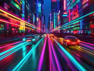 Obraz premium Vibrant urban landscape showcasing the power of 5G wireless technology in a bustling city environment.