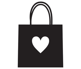 Black shopping bag with heart. Shopping bag icon. Shopping bag silhouette vector