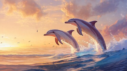 Fototapeta premium Two dolphins leap out of the water at sunset, creating a splash and a trail of bubbles.