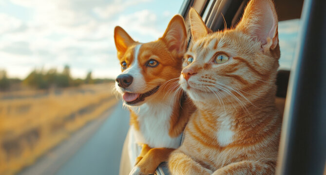 A happy cat and dog are sitting in the car and looking out the window. The journey of pets.