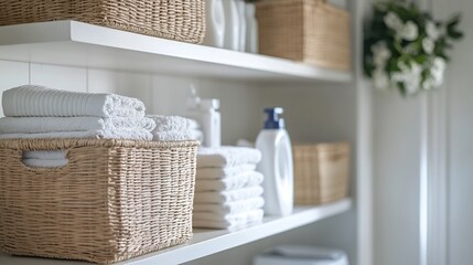 White towels are neatly stacked in a woven basket on a white shelf, next to a stack of white towels and white bottles.