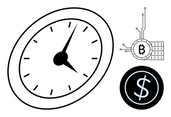 A clock represents time management, accompanied by Bitcoin and dollar symbols signifying cryptocurrency and financial themes. Ideal for finance, cryptocurrencies, digital transactions, time