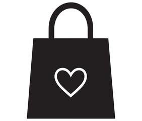 Black shopping bag with heart. Shopping bag icon. Shopping bag silhouette vector