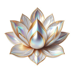 A metallic iridescent lotus blossom with pure white petals and wide gold foil trim isolated PNG