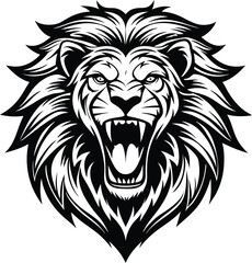 Obraz premium Roaring Lion Head: Majestic black and white illustration of a lion's head, roaring with power and intensity. Perfect for branding, logos, and designs that demand strength and dominance. 