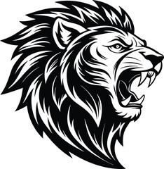 Obraz premium Roaring Lion Head: A powerful, black and white illustration of a roaring lion head, capturing the fierce spirit of this majestic creature.