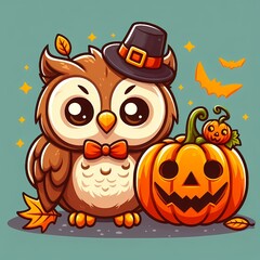 Cute Owl With Pumpkin Halloween Cartoon Vector Icon Illustration