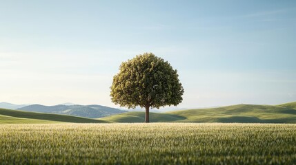 Obraz premium Lone tree on a grassy field with rolling hills under a clear blue sky.