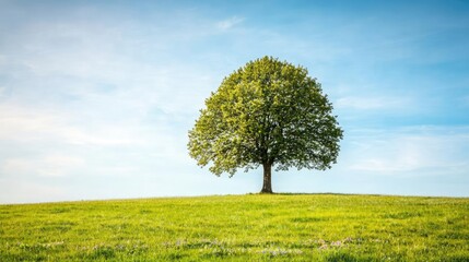 Solitary tree on green hill under blue sky, nature landscape, serene environment.