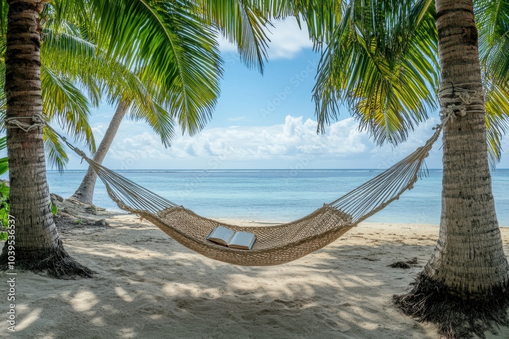 Wall mural a hammock tied between two palm trees on a beach, gently swaying in the breeze, with a book resting 
