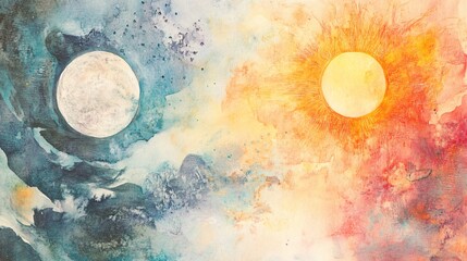 Watercolor painting of a moon and sun with abstract background.