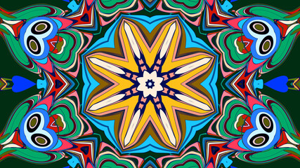 Abstract colorful psychedelic mandala kaleidoscope background pattern for a summer music festival