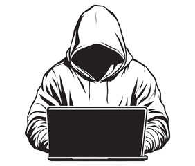 Computer hacker with laptop icon vector illustration silhouette. Hacker working on laptop. Hacker silhouette icon