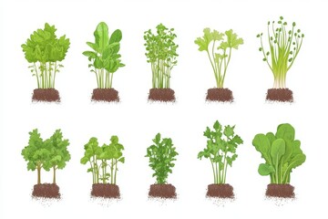Obraz premium Fresh vegetable garden seedlings growing in soil featuring a variety of herbs and leafy greens in different stages of growth perfect for agricultural and eco friendly gardening concepts
