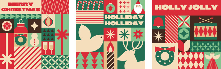 Merry Christmas retro minimalist geometric design holiday card set