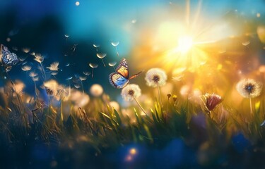 Naklejka premium A colorful butterfly flutters through a field of dandelions with the sun shining through the background.
