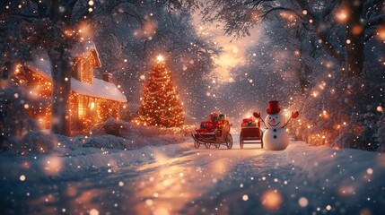 Fototapeta premium Christmas background of Cute Santa Claus and Snowman where snow is falling with snowflake. with copy space