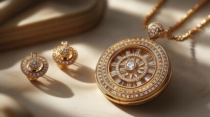 Delicate 3D gold locket adorned sparkling gemstones suspended next to a matching pair of gold earrings set against a minimalistic neutral backdrop for a refined contemporary look