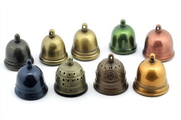 A Collection of Eight Ornate Bells in Various Colors and Finishes
