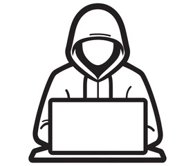Computer hacker with laptop icon vector illustration silhouette. Hacker working on laptop. Hacker silhouette icon