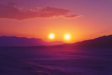 Fototapeta premium A breathtaking scene of two suns setting over a barren landscape, evoking mystery and wonder in a world that feels both alien and familiar at dusk.