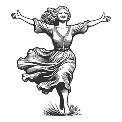 Fototapeta premium joyful woman run with flowing hair, smiling and raising her arms, capturing a sense of freedom, happiness, and energy sketch engraving generative ai raster illustration. Black and white image.