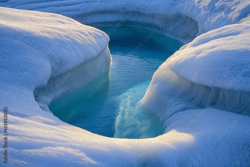 Poster a tranquil small water body enveloped by snow, capturing the essence of calmness and serenity, with 