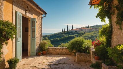 Naklejka premium Cozy Croatian House: Moscenice Istria Open Door Greenery Photography