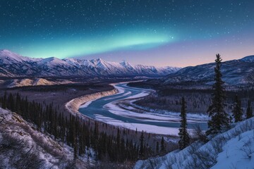A snow-covered river winds through mountain terrain under a twilight sky filled with stars, blending serene natural beauty with a quiet winter chill.