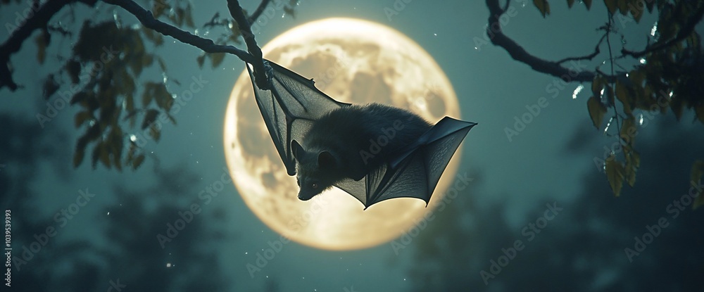 Poster A bat hangs upside down from a branch with a large full moon in the background.