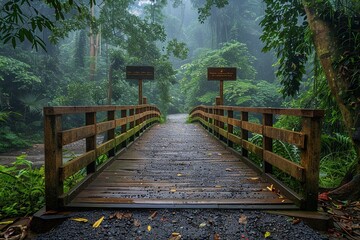 pathway and a wooden bridge in the middle of a forest