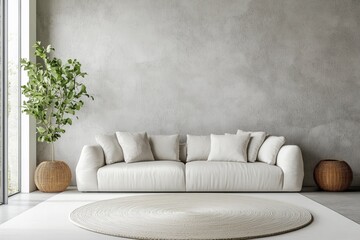 Contemporary living area with a plush white sofa set against a textured gray wall, featuring round natural elements and floor-to-ceiling windows for ample light.