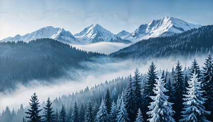 Fototapeta premium Forêt enneigée et montagnes majestueuses