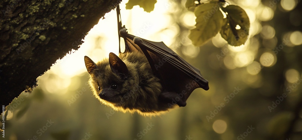 Poster A brown bat hanging upside down from a tree branch with its wings spread out, illuminated by the warm glow of the setting sun.