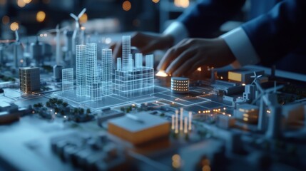 A virtual city model is displayed, featuring illuminated buildings and structures, with a hand manipulating elements of the intricate design.