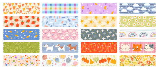 Cute sticky tapes scraps. Decorative baby washi tape pieces. Plaster with funny patterns. Kawaii school stationery. Scrapbook adhesive ribbon. Ripped scotch parts. Recent vector set