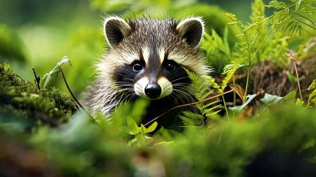 Baby raccoon looking out from green foliage