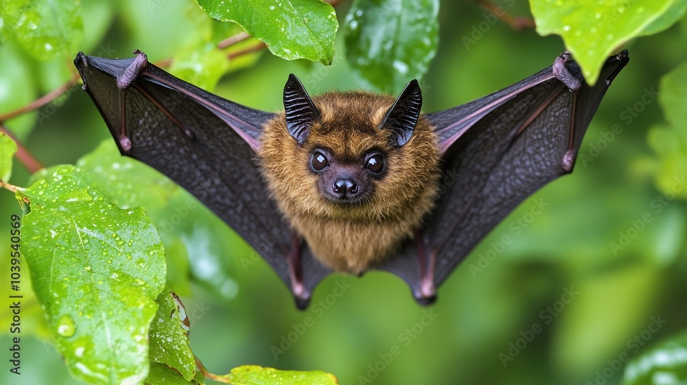 Poster A brown bat with large ears and outstretched wings hangs upside down in a green leafy tree.