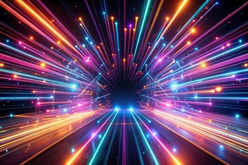 Fototapeta premium Input generative AI tools to create neon futuristic flashes on a black background. Motion light lines backdrop. For banners, postcards, illustrations