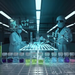 Medical Research Laboratory with Scientists and Chemical Molecular Structure