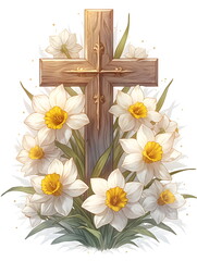 Obraz premium Cross surrounded by flowers on a white isolated background, religious Easter symbols. Design for a greeting card for the holiday Easter