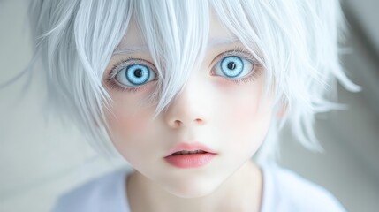 Fototapeta premium A tight shot of a person with white hair and blue eyes, wearing a white T-shirt with a crisp white collar