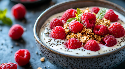 A bowl of creamy Greek yogurt topped with a mix of granola, fresh raspberries, chia seeds, and a drizzle of honey, making for a perfect healthy snack or breakfast