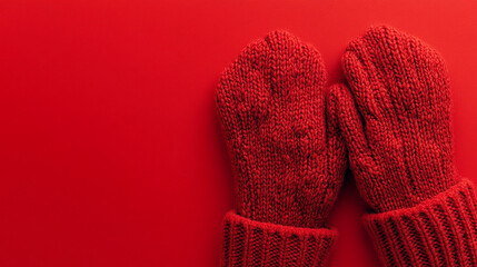 Warm gloves on a solid red background cozy detail